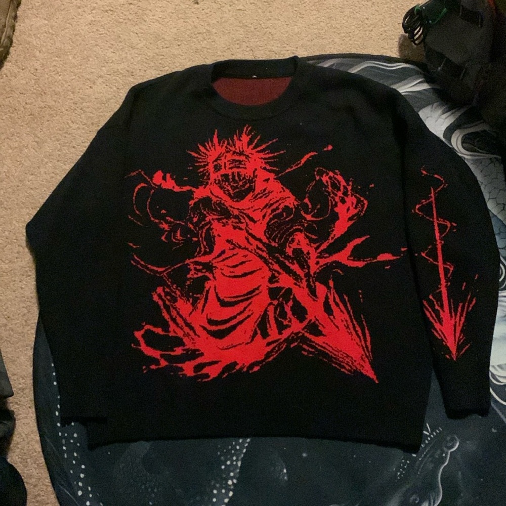 Black and Red Graphic Crewneck Sweater